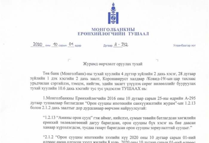 ТАНИЛЦ: Зургаан хувийн ипотекийн зээл олгох журам