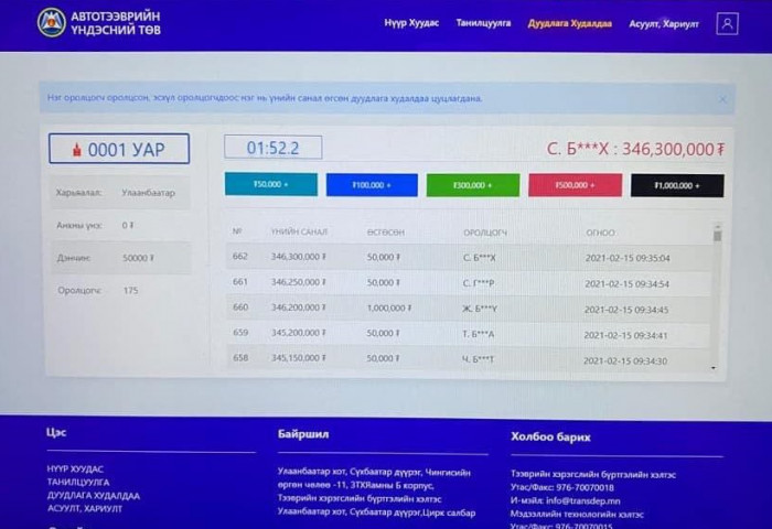 ШУУРХАЙ: Автомашины “азын“ дугаар дуудлага худалдаанд 350 сая төгрөгт хүрч зарагдав