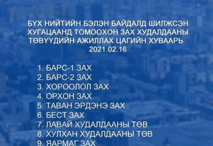 ТАНИЛЦ: Өнөөдөр нээгдэх зах, худалдааны төвүүд