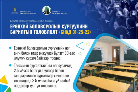 ЕРӨНХИЙ БОЛОВСРОЛЫН СУРГУУЛИЙН БАРИЛГЫН ТӨЛӨВЛӨЛТ /БНбД 31-25-22/ НОРМ БА ДҮРМИЙН ОНЦЛОХ ЗААЛТУУД