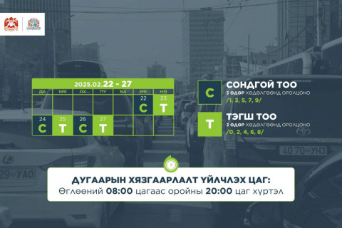 Автомашины улсын дугаарын ТЭГШ, СОНДГОЙ хязгаарлалт БААСАН гарагт үйлчилэхгүй