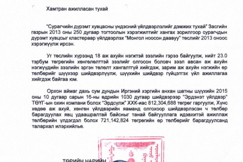 Төрд учирсан 721,1 сая төгрөгийн хохирлыг нөхөн барагдуулсныг мэдэгдэв