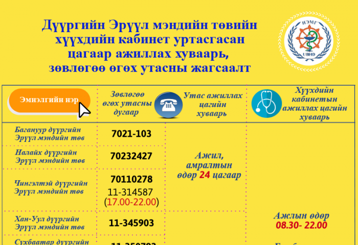 Дүүргүүдийн эрүүл мэндийн төвийн “Хүүхдийн кабинет” уртасгасан цагаар ажиллаж, мэргэжлийн эмч утсаар зөвлөгөө өгч байна