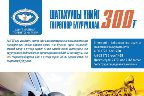 АИ-92 шатахууны үнэ 300 төгрөгөөр буурлаа 