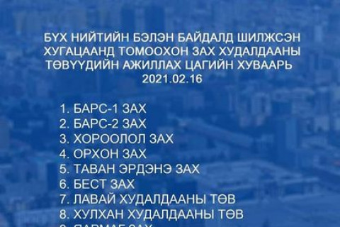 ТАНИЛЦ: Өнөөдөр нээгдэх зах, худалдааны төвүүд