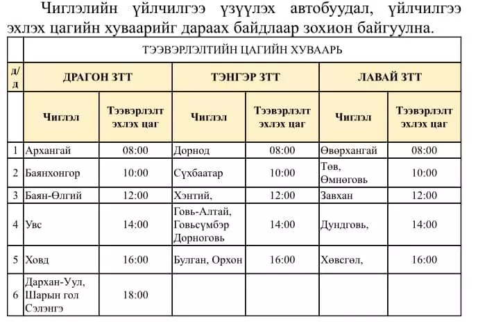 ТАНИЛЦ: Архангай, Говьсүмбэр, Дархан-Уул, Орхон, Сэлэнгэ, Өмнөговь аймаг руу явах хуваарь