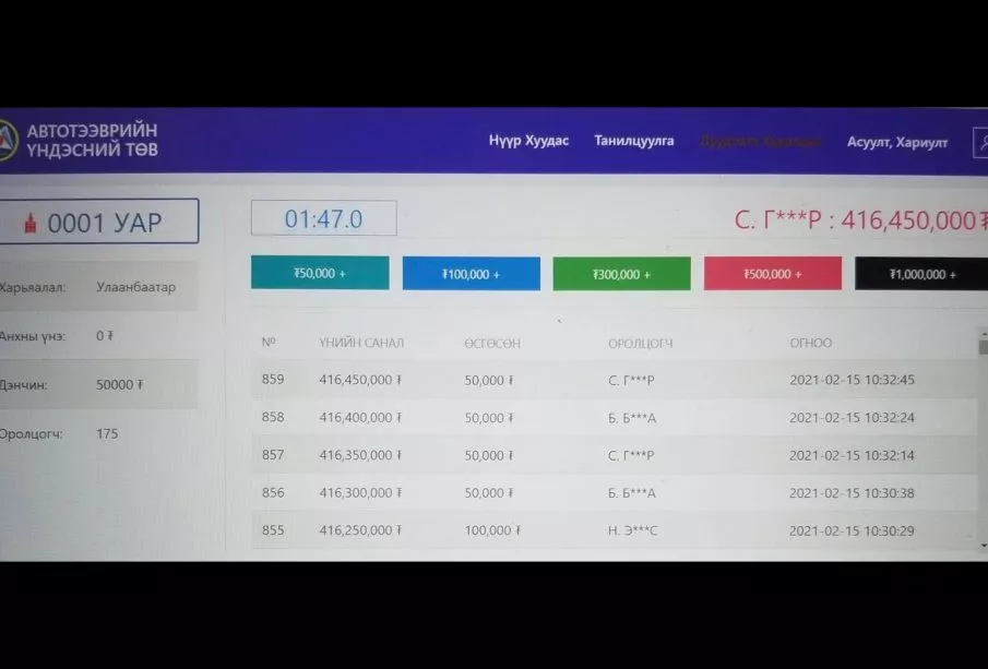 "0001 УАР" улсын дугаар 416 сая хүрлээ