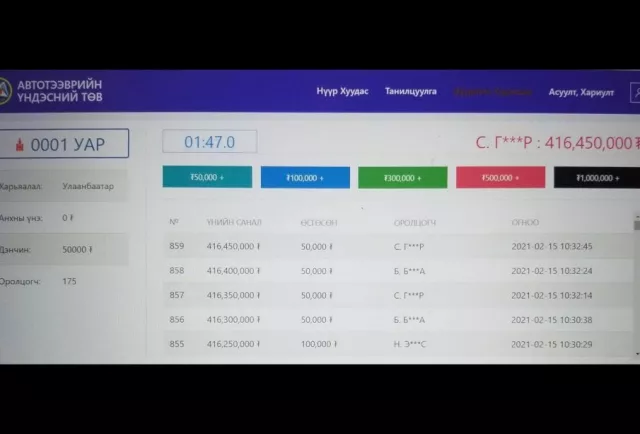"0001 УАР" улсын дугаар 416 сая хүрлээ