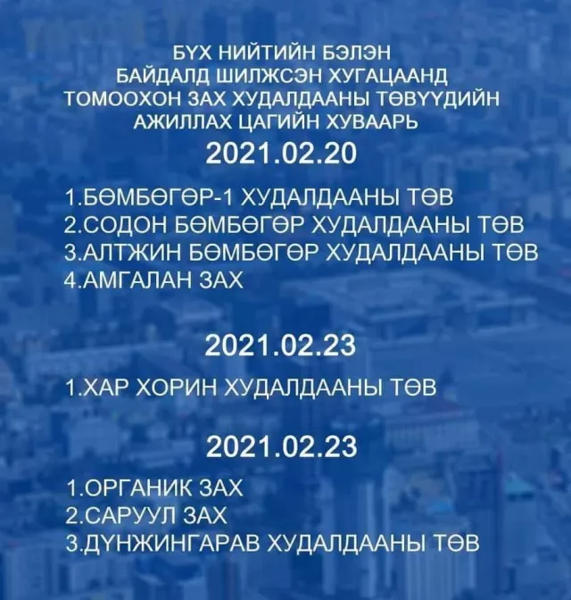 Өнөөдөр, маргааш нээгдэх ЗАХ, ХУДАЛДААНЫ ТӨВҮҮД