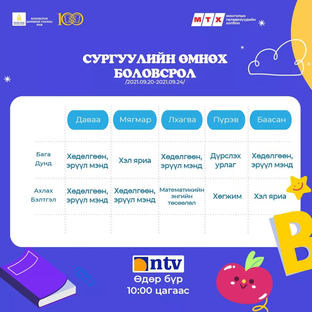 Энэ долоо хоногийн теле хичээлийн ХУВААРЬ