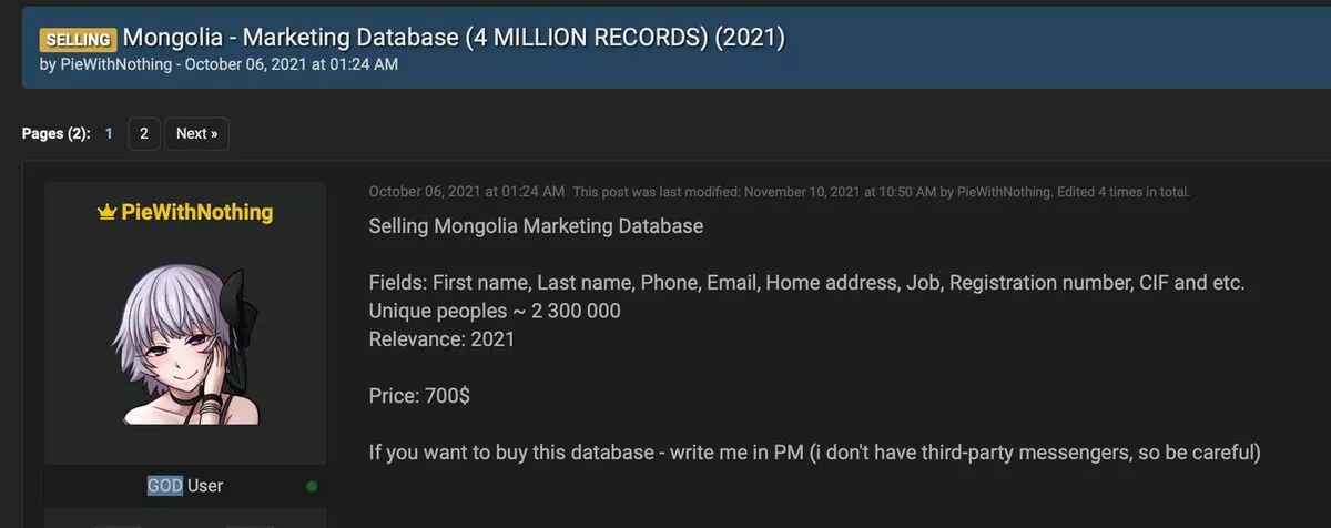 Хакеруудын сайт дээр Монгол улсын 2.3 сая иргэний мэдээллийг $700-aaр зарж байна