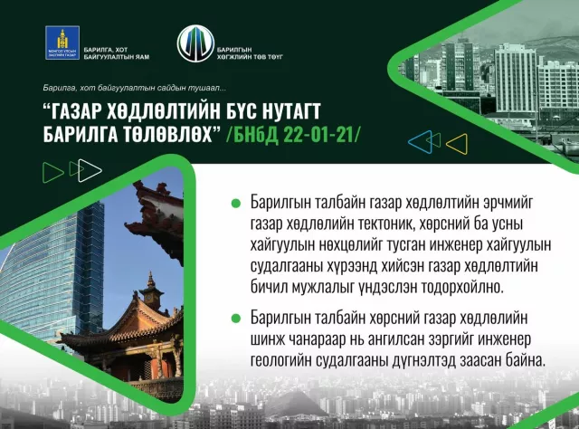 ГАЗАР ХӨДЛӨЛТИЙН БҮС НУТАГТ БАРИЛГА ТӨЛӨВЛӨХ /БНбД 22-01-21/ НОРМ БА ДҮРМИЙН ЗААЛТУУД