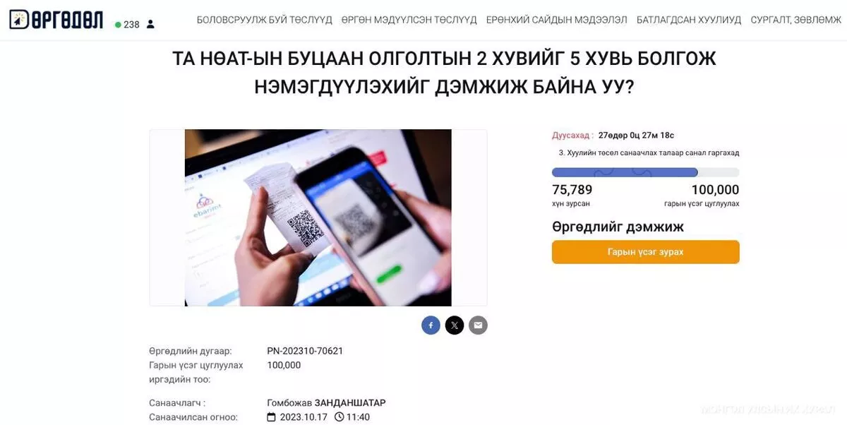 НӨАТ-ын буцаан олголтын 2 хувийг 5 хувь болгох саналыг 76 мянга гаруй иргэн дэмжжээ