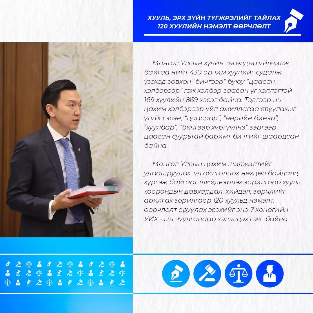 Монгол Улсын хүчин төгөлдөр үйлчилж байгаа нийт 430 орчим хуулийг судалж үзэхэд зөвхөн “бичгээр” буюу “цаасан хэлбэрээр” гэж хэлбэр заасан үг хэллэгтэй 169 хуулийн 869 хэсэг байна