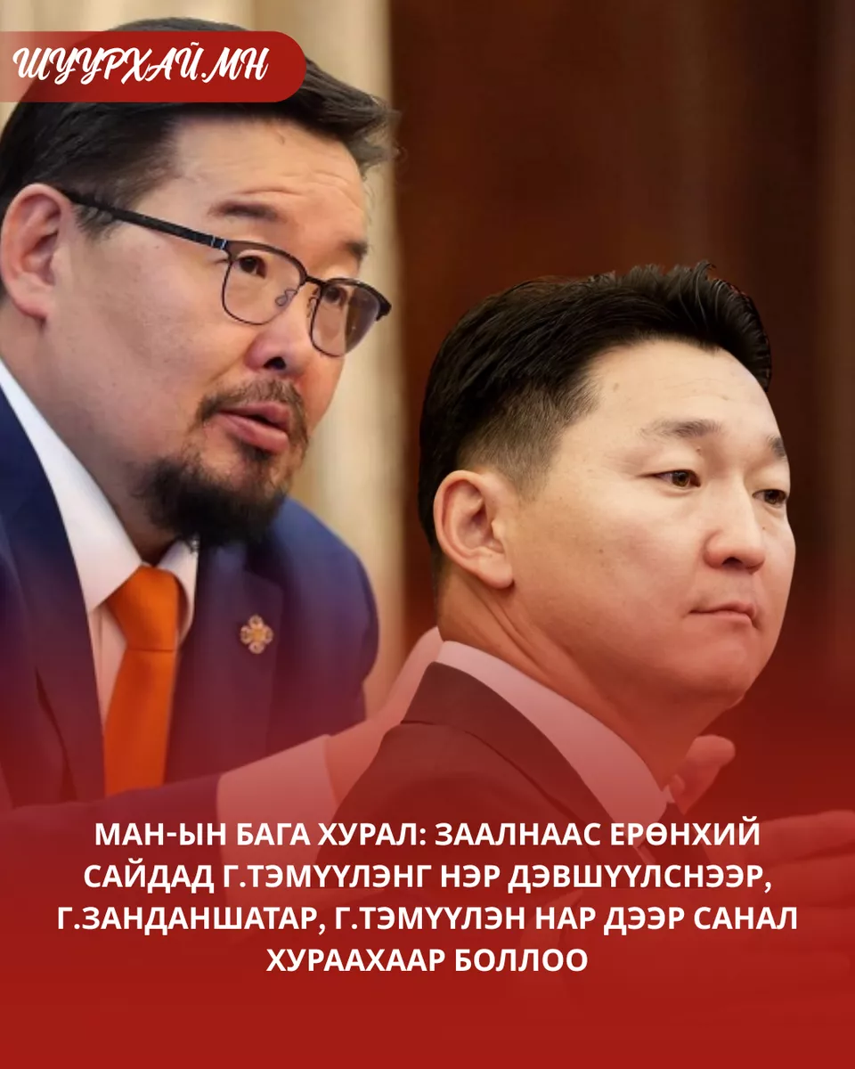 МАН-ЫН БАГА ХУРАЛ: Заалнаас Ерөнхий сайдад Г.Тэмүүлэнг нэр дэвшүүлснээр, Г.Занданшатар, Г.Тэмүүлэн нар дээр санал хураахаар боллоо