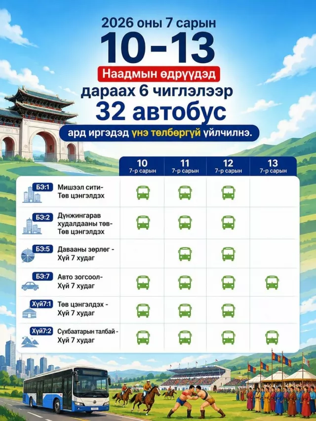 Наадмаар нийтийн тээврийн автобус иргэдэд үнэгүй үйлчилнэ