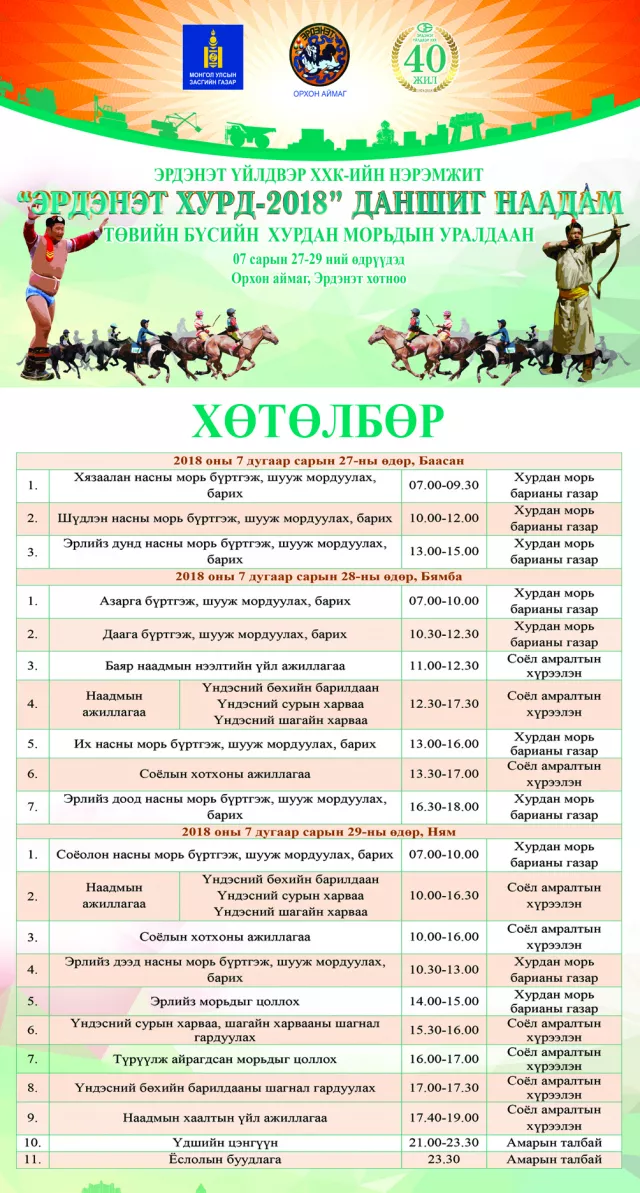 “Эрдэнэт хурд-2018” даншиг наадмын хөтөлбөр