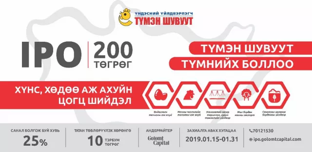 ТҮМЭН ШУВУУТЫН ХУВЬЦААНЫ ЗАХИАЛГЫГ 3 ЦЭГТ АВЧ БАЙНА
