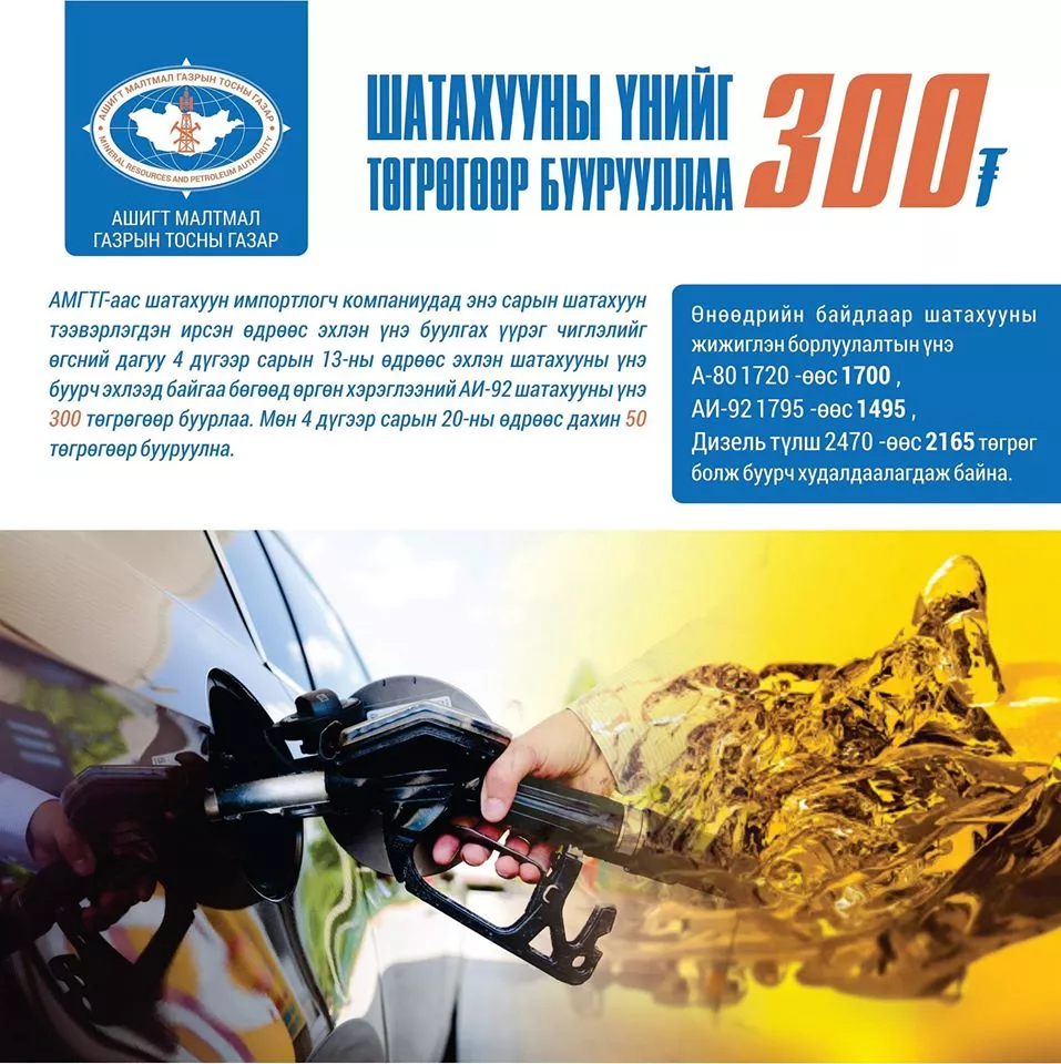 АИ-92 шатахууны үнэ 300 төгрөгөөр буурлаа 